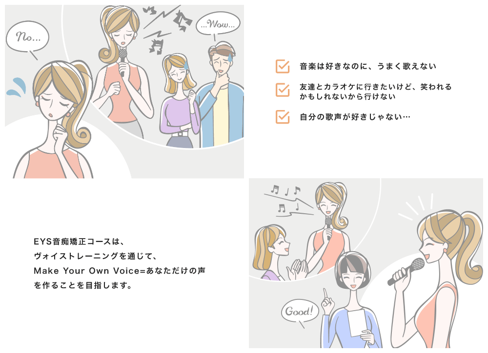 「音楽は好きなのに、うまく歌えない、友達とカラオケに行きたいけど、笑われるかもしれないから行けない、自分の歌声が好きじゃない…」「EYS音痴矯正コースは、ボイストレーニングを通じて、Make Your Own Voice=あなただけの声を作ることを目指します。」