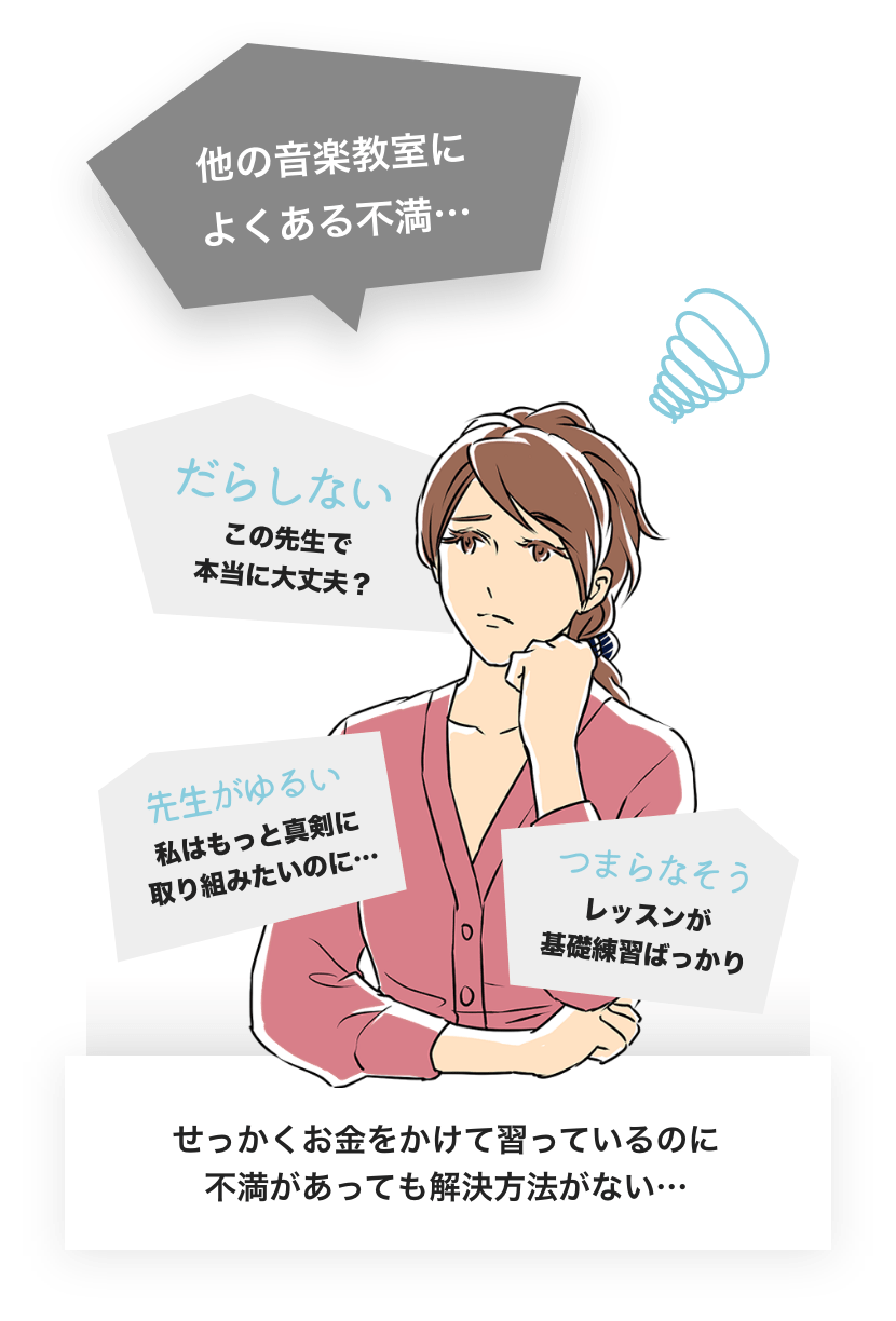 他の音楽教室に良くある不満… だらしないこの先生で本当に大丈夫？, 先生がゆるい 私はもっと真剣に取り組みたいのに… つまらなそう レッスンが基礎練習ばっかり せっかくお金をかけて習っているのに不満があっても解決方法がない…