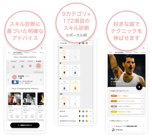 スキル診断に基づいた明確なアドバイス 9カテゴリ×172項目のスキル診断※ボーカル例 好きな曲でテクニックを伸ばせます