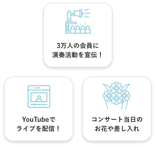 3万人の会員に演奏活動を宣伝! YouTubeでライブを配信 コンサート当日のお花や差し入れ