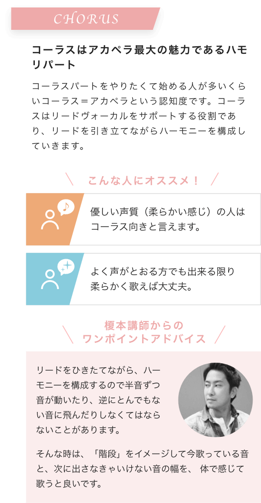 CHORUS コーラスはアカペラ最大の魅力であるハモリパート コーラスパートをやりたくて始める人が多いくらいコーラス＝アカペラという認知度です。コーラスはリードヴォーカルをサポートする役割であり、リードを引き立てながらハーモニーを構成していきます。こんな人にオススメ！優しい声質（柔らかい感じ）の人はコーラス向きと言えます。よく声がとおる方でも出来る限り柔らかく歌えば大丈夫。榎本講師からのワンポイントアドバイス リードをひきたてながら、ハーモニーを構成するので半音ずつ音が動いたり、逆にとんでもない音に飛んだりしなくてはならないことがあります。そんな時は、「階段」をイメージして今歌っている音と、次に出さなきゃいけない音の幅を、 体で感じて歌うと良いです。
