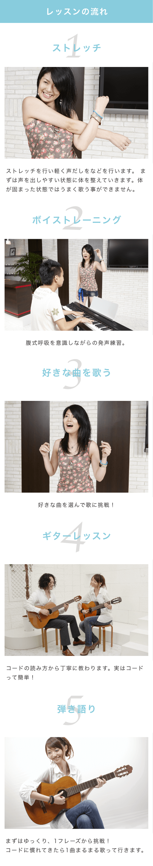 レッスンの流れ 1 ストレッチ ストレッチを行い軽く声だしをなどを行います。 まずは声を出しやすい状態に体を整えていきます。体が固まった状態ではうまく歌う事ができません。 2 ボイストレーニング 腹式呼吸を意識しながらの発声練習。 3 好きな曲を歌う 好きな曲を選んで歌に挑戦！ 4 ピアノレッスン　まずはコードの読み方から。初回から好きな曲で練習していきます。 5 弾き語り 前半のボーカルと後半で教わったピアノを合わせてチャレンジ！まずはゆっくり演奏していきます。
