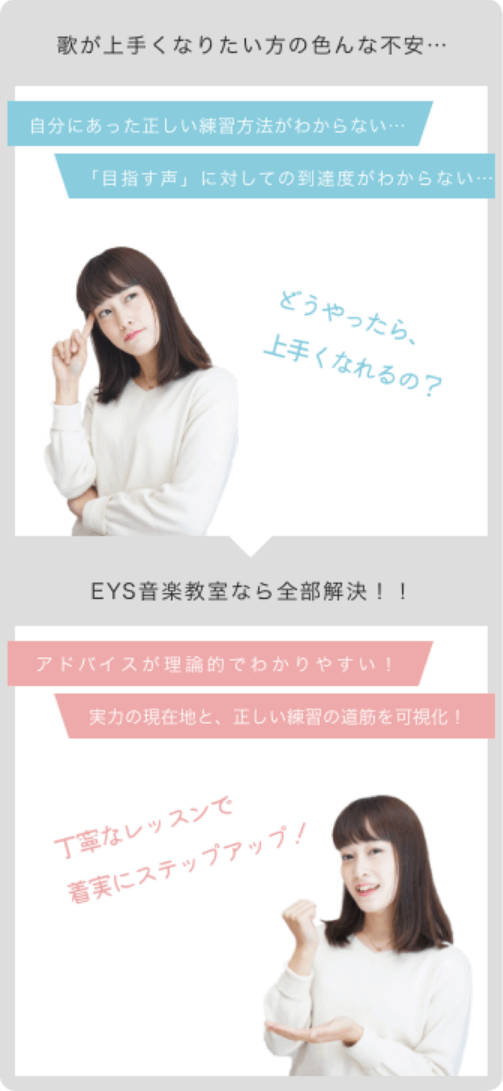 歌が上手くなりたい方の色んな不安… 自分にあった正しい練習方法がわからない… 「目指す声」に対して到達度がわからない… どうやったら上手くなれるの？　EYS音楽教室なら全部解決！！　アドバイスが理論的でわかりやすい！実力の現在地と、正しい練習の道筋を可視化！　丁寧ねレッスンで着実にステップアップ！
